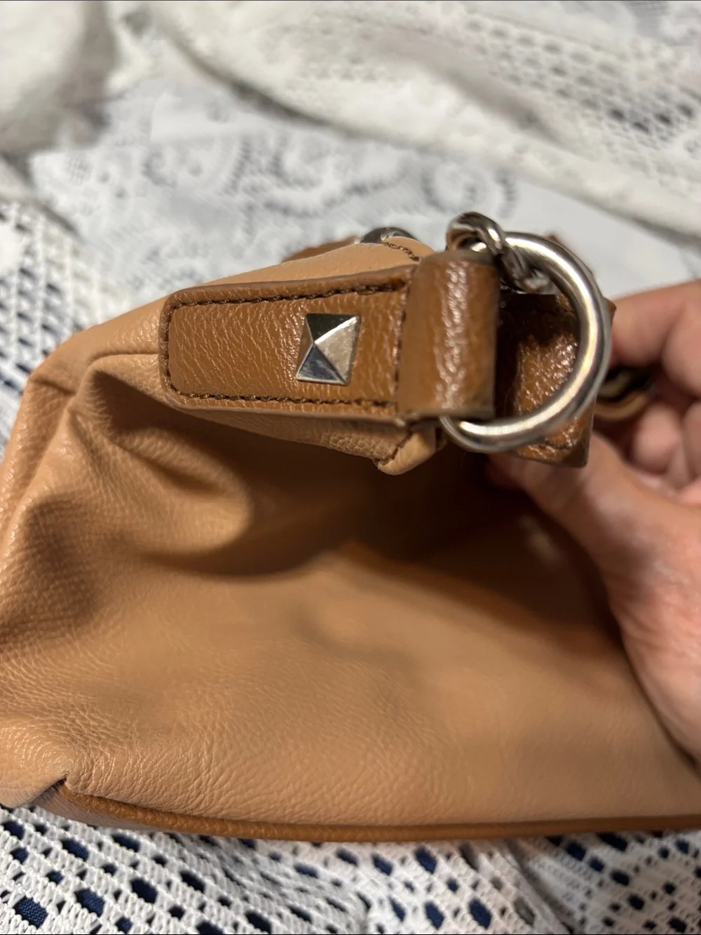 Nine West Tan Faux Leather Tassel Shoulder Bag with Chain Accent